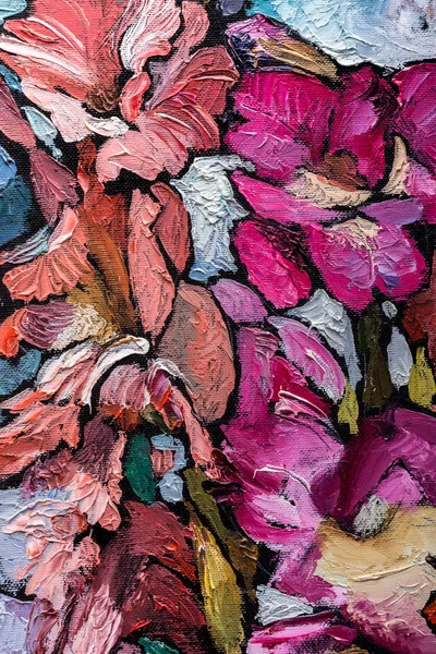 Живопись Натюрморт маслом текстуры, ирисы искусство импрессионизма, окрашенные изображения цвета, фоны и обои, цветочный узор на холсте — стоковое фото
