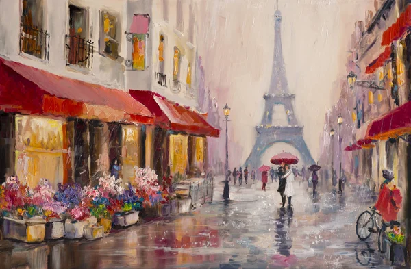 Оригинальные картины маслом на холсте - Париж - Эйфелева башня - пара влюбленных под зонтиком — стоковое фото