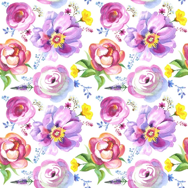 Окрашенные Уайлдфлауэр цветы фоновый узор в стиле акварели — стоковое фото