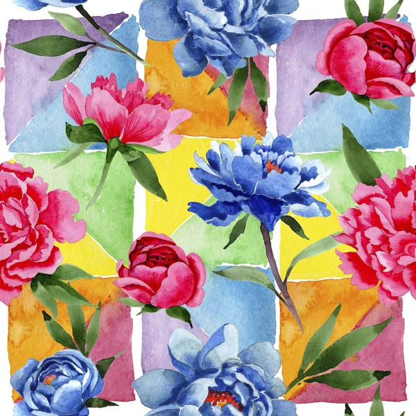 Уайлдфлауэр красные и синие цветы пионов узор в стиле акварели — стоковое фото