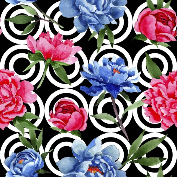 Уайлдфлауэр красные и синие цветы пионов узор в стиле акварели — стоковое фото