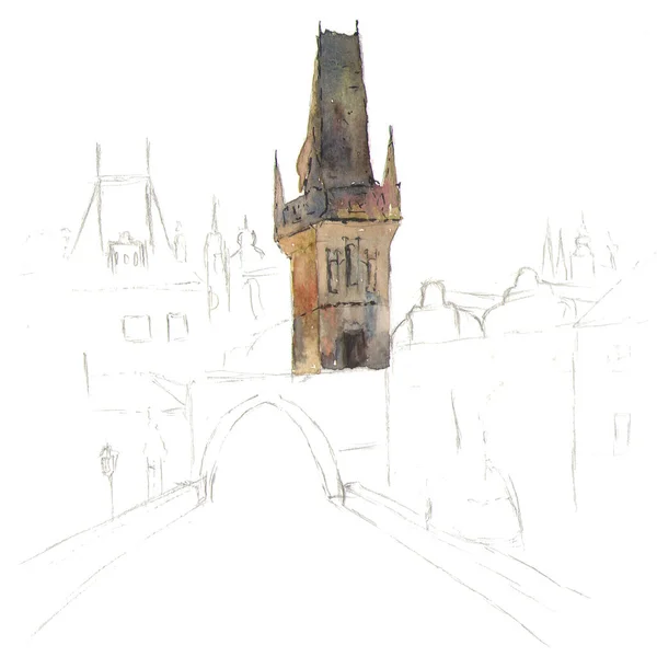 Рука, рисование старого города Праги в акварель стиле: Собор Святого Вацлава — стоковое фото