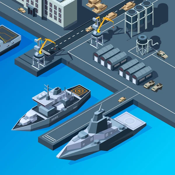 Warships on the pier. American navy isometric pictures set — стоковый вектор