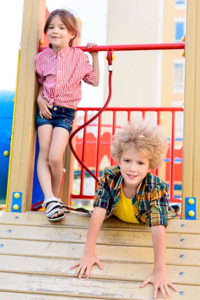 Selective Focus Little Brother Sister Having Fun Playground — стоковое фото