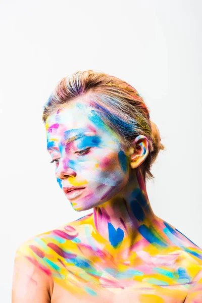 Beautiful Woman Colorful Bright Body Art Looking Isolated White — стоковое фото