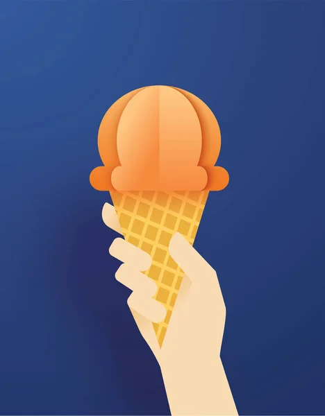 Руки Холдинг Конус Мороженого Фоне Голубой Летом Бумага Искусства Ремесел — стоковый вектор