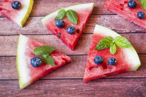 Pieces Sliced Watermelon Mint Blueberries Rustic Dark Background Summer Concept — стоковое фото