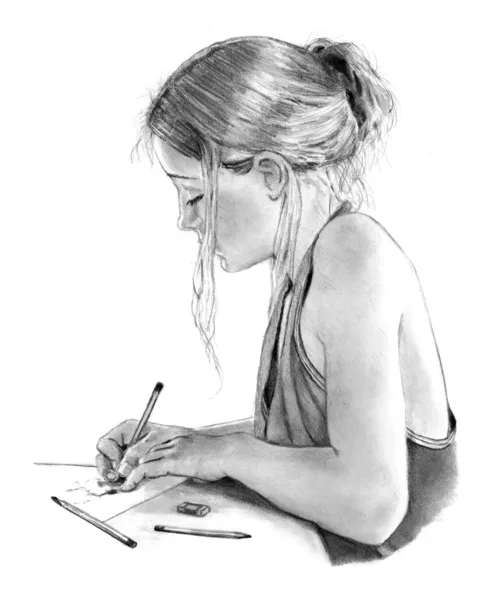 Рисунок девушки, письмо, Рисование карандашом — стоковое фото