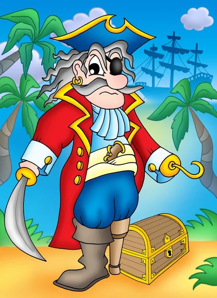 Благородный пират с сундук с сокровищами — стоковое фото