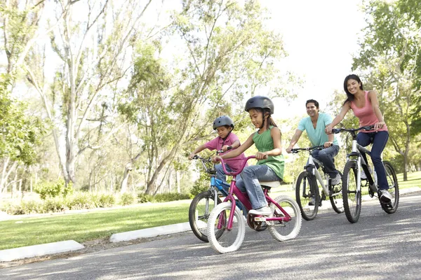Молодая семья, езда велосипеды в парке — стоковое фото