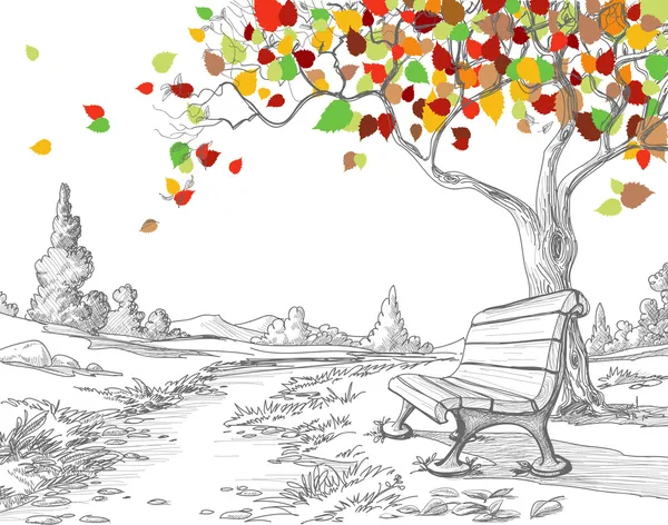 Осеннее дерево, падающие листья — стоковый вектор