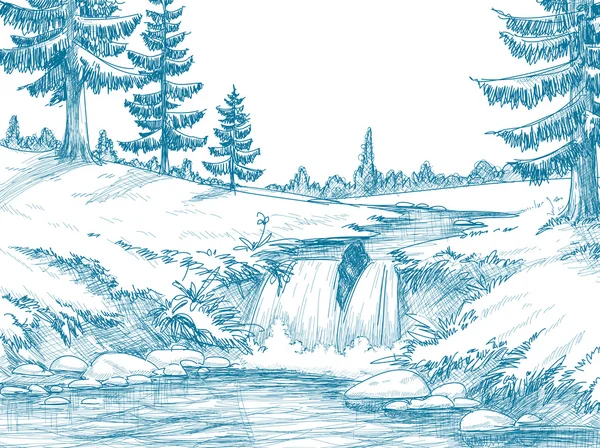 Горные реки карандашный рисунок — стоковый вектор