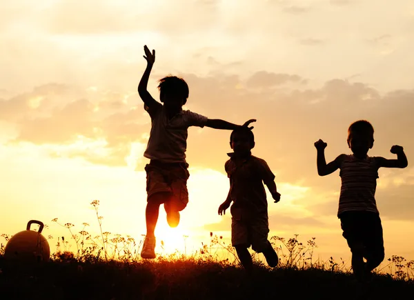 Группа счастливых детей, играя на лугу — стоковое фото