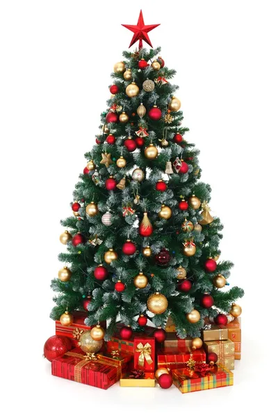 Зеленый оформленный Рождественская елка и подарки — стоковое фото