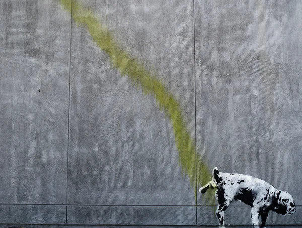 Оригинальный Бэнкси граффити на стене (Pissing собака) — стоковое фото
