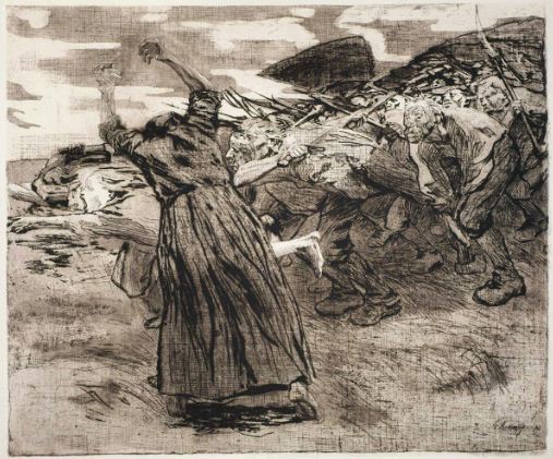 Кете Кольвиц " На штурм". Офорт из серии " Крестьянская война" ( 1903 год). 