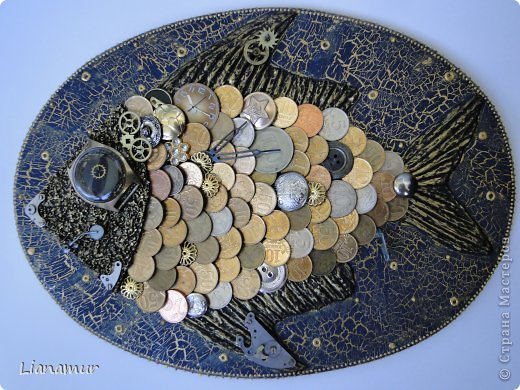 картина из монет, рыба из монет, панно из монет