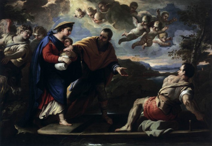  Лука Джордано (1634–1705). Бегство в Египет. 1680-1685. Масло, холст.  204х192 см. Музей изобразительных искусств, Будапешт.