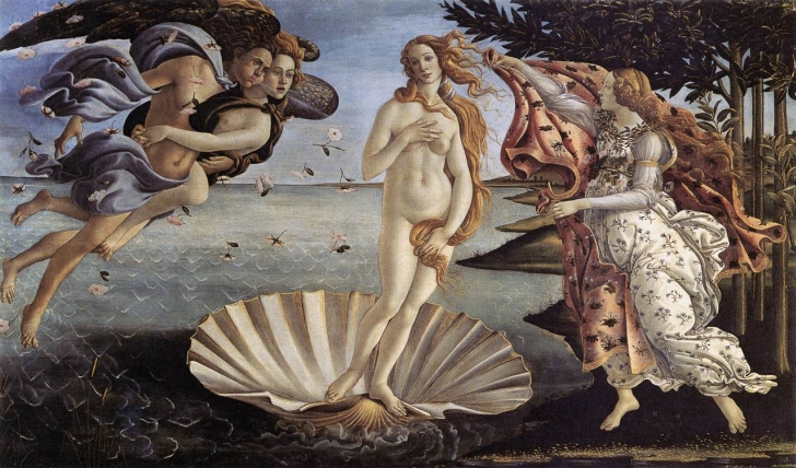 Сандро Боттичелли. Рождение Венеры. Около 1485. Темпера на холсте. 172,5х278,5 см. Галерея Уффицци, Флоренция.