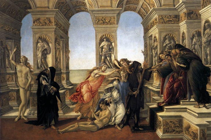 Сандро Боттичелли. Клевета Апеллеса. 1495–1497. Темпера. 62х91 см. Галерея Уффицци, Флоренция.