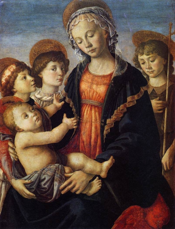 Сандро Боттичелли. Мадонна и младенец с двумя ангелами и юным Иоанном Крестителем. 1465–1470. Темпера. 85х62 см. Галерея Академии, Флоренция.