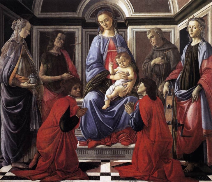 Сандро Боттичелли. Мадонна с младенцем и шестью святыми. Около 1470. Темпера. 170х194 см. Галерея Уффицци, Флоренция.