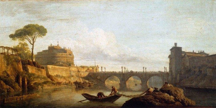 Клод Жозеф Верне (1714–1789). Мост и башня Сан-Анжело в Риме. 1745. Холст, масло. 40х77 см. Лувр, Париж. 