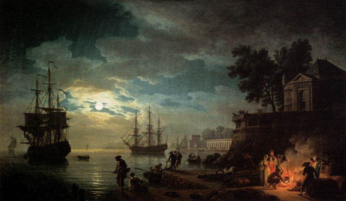 Клод Жозеф Верне (1714–1789). Порт в лунную ночь. 1771. Холст, масло. 98х164 см. Лувр, Париж.