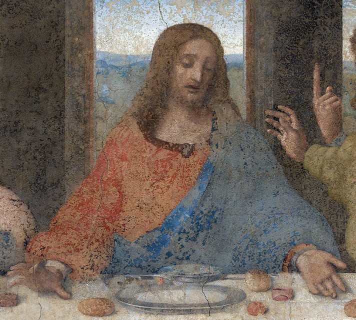 Леонардо да Винчи. Тайная вечеря. 1495-1498. 460х880 см. Санта-Мария-делле-Грацие, Милан. Фрагмент. Перст, воздетый к небу.