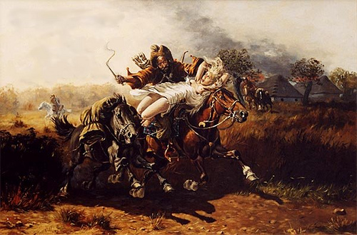 Эта картина сильно романтизирует работорговлю. Татары действительно запрягали запасных лошадей, но большинству пленных приходилось идти пешком в ужасных условиях
