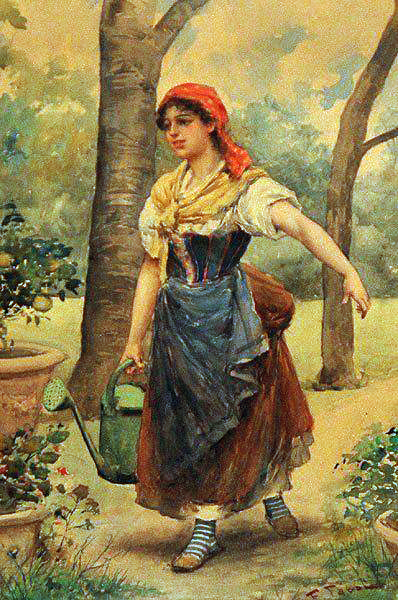 053 Юная красавица, поливающая цветы (Pretty Young Girl Watering Flowers) (398x600, 332Kb)