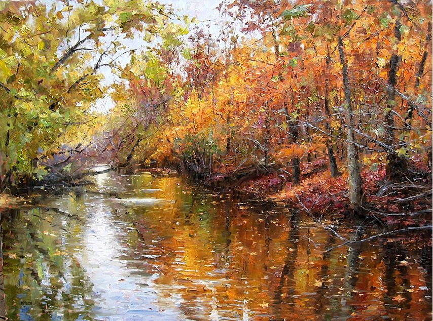 Impressionizm-E.J.Paprocki.-Kartina-River-in-Autumn.-36h58-dyuymov-holst-maslo