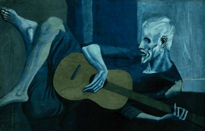 «Старый гитарист», Пабло Пикассо. Есть мнение, что именно такое положение картины правильное.
