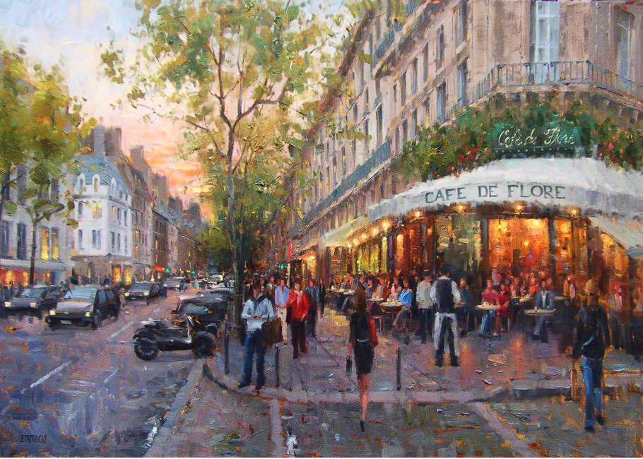  Impressionizm-E.J.Paprocki.-Kartina-Cafe-de-Flore-Paris.-24h46-dyuymov-holst-maslo