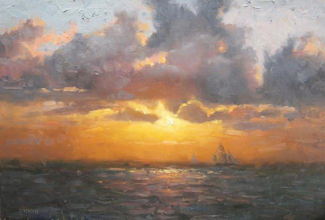  Impressionizm-E.J.Paprocki.-Kartina-Ships-at-Sunset.-16h34-dyuyma-holst-masl