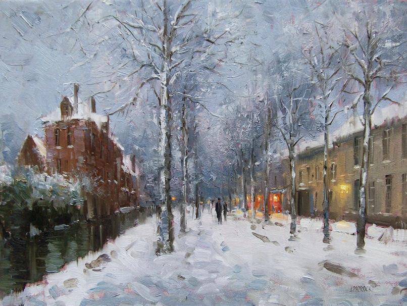 Impressionizm-E.J.Paprocki.-Kartina-Bruges-in-Snow.-13h28-dyuymov-holst-maslo
