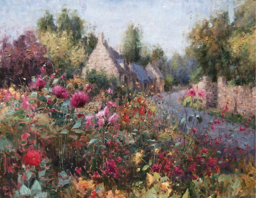  Impressionizm-E.J.Paprocki.-Kartina-English-Garden-Chipping-Campden.-36h58-dyuymov-holst-maslo