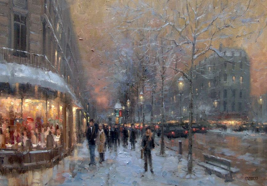 Impressionizm-E.J.Paprocki.-Kartina-Winter-Evening-St.-Germain-Paris-.-16h34-dyuyma-holst-maslo.