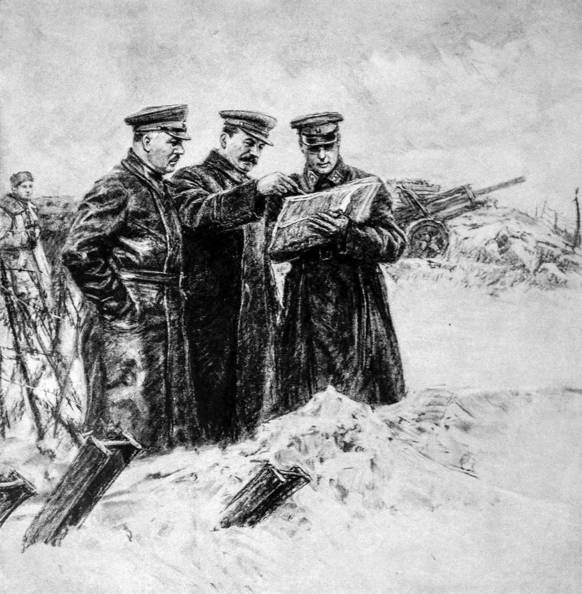 И.В. Сталин, К.Е. Ворошилов и К.К. Рокоссовский на оборонительных рубежах под Москвой