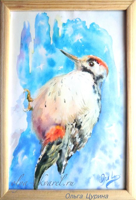 (Дятел, зима, птицы, лес, мороз, декоративный пейзаж), картина в технике акварель, природа зимой, 18х13