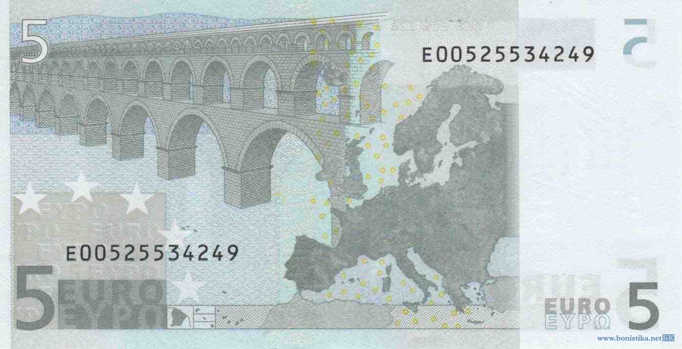 Банкнота 2002 года номиналом 5 евро: цвет – серый, архитектурный стиль – античный. Источник https://bonistika.net/