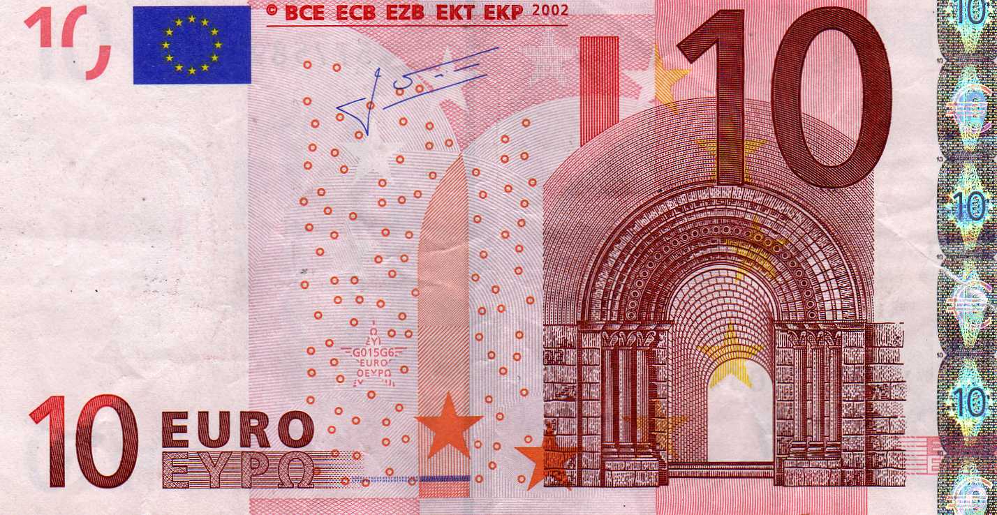 Банкнота 2002 года номиналом 10 евро: цвет – красный, архитектурный стиль – романский. Источник http://raznie.ru/