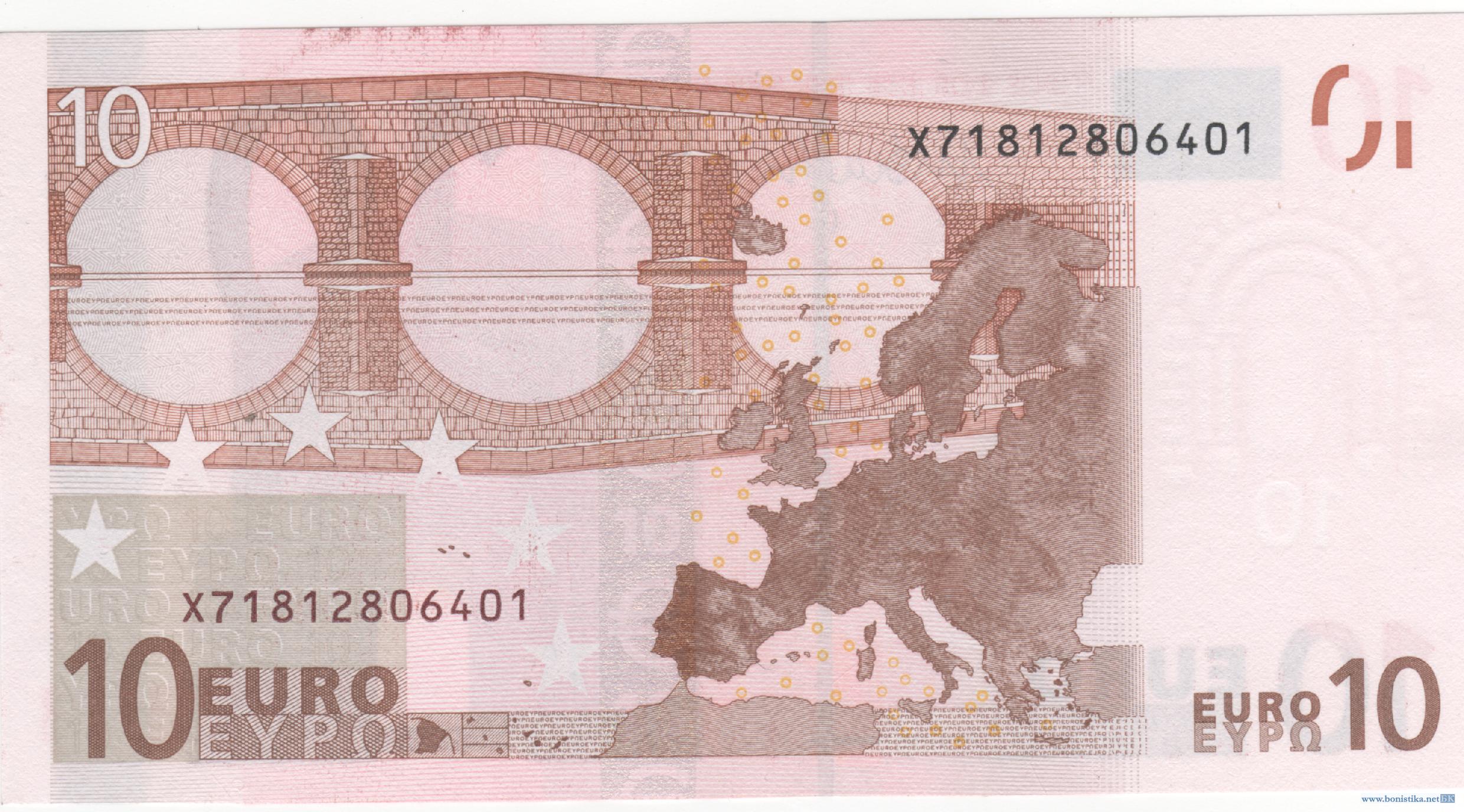 Банкнота 2002 года номиналом 10 евро: цвет – красный, архитектурный стиль – романский. Источник https://bonistika.net/