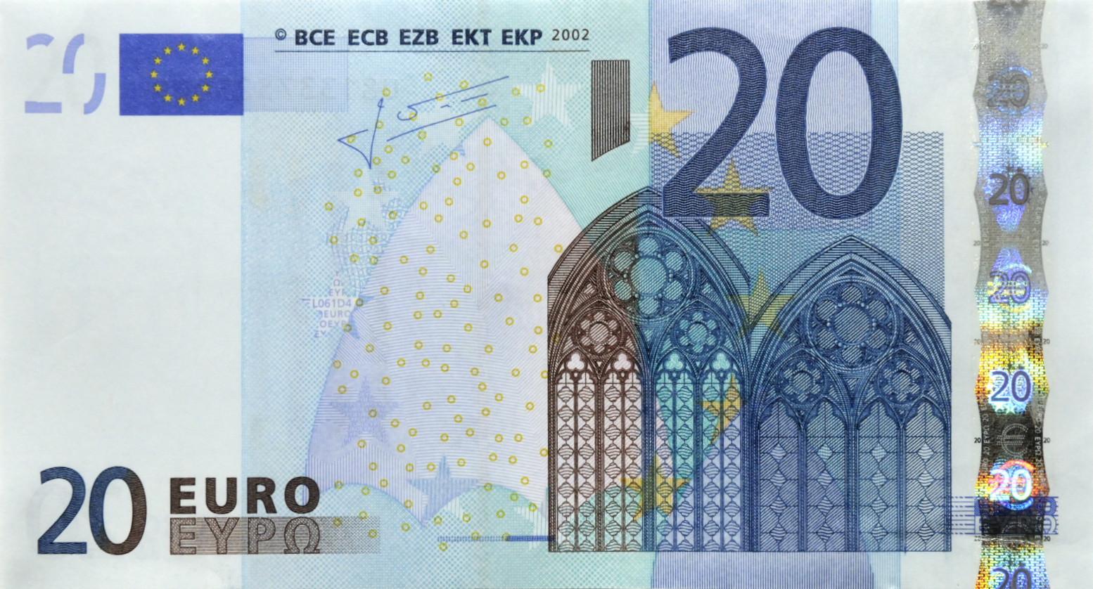 Банкнота 2002 года номиналом 20 евро: цвет – синий, архитектурный стиль – готический. Источник http://raznie.ru/