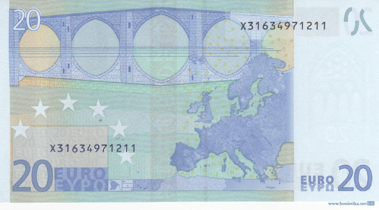 Банкнота 2002 года номиналом 20 евро: цвет – синий, архитектурный стиль – готический. Источник https://bonistika.net/