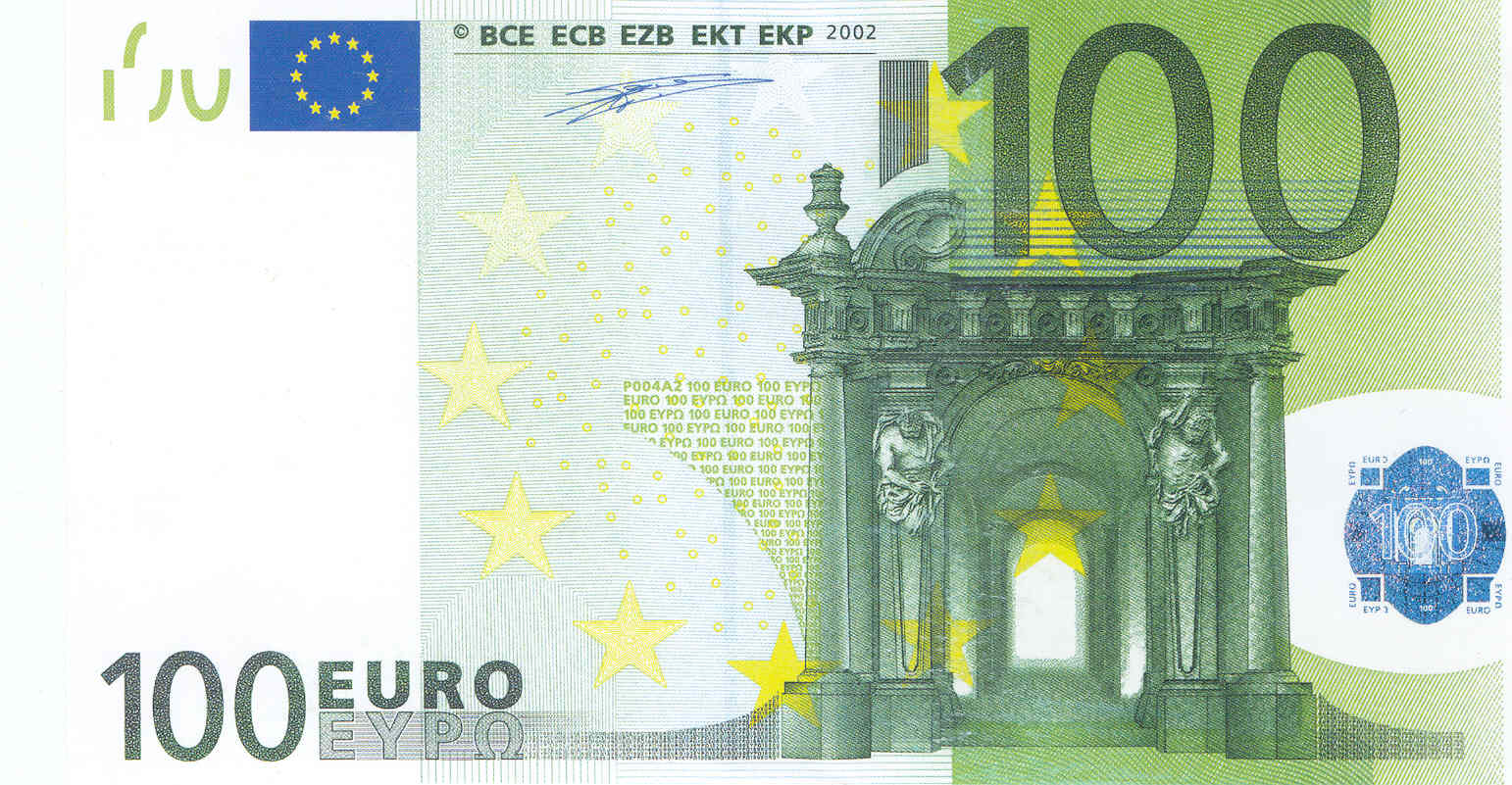 Банкнота 2002 года номиналом 100 евро: цвет – зеленый, архитектурный стиль – барокко. Источник http://raznie.ru/