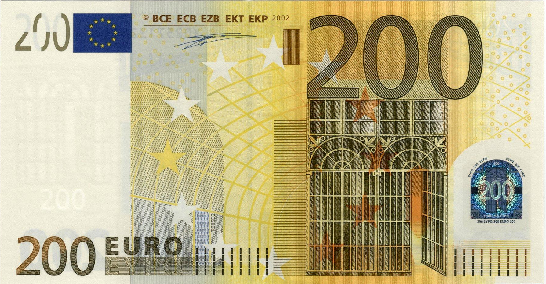 Банкнота 2002 года номиналом 200 евро: цвет – желтый, архитектурный стиль – индустриальный (модерн). Источник http://banknotes.finance.ua/