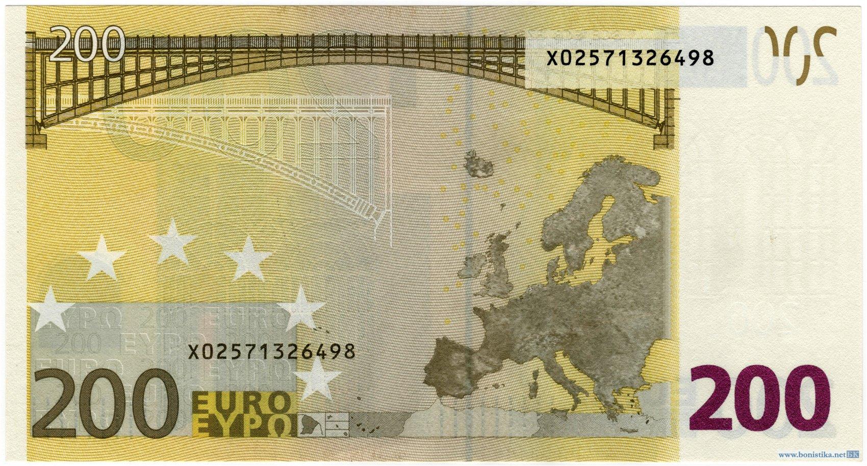 Банкнота 2002 года номиналом 200 евро: цвет – желтый, архитектурный стиль – индустриальный (модерн). Источник https://bonistika.net/
