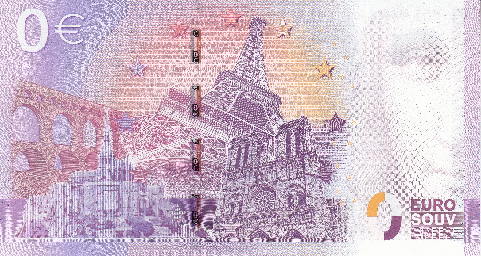 Шуточная сувенирная банкнота 0 евро с коллажем из самых известных реально существующих объектов Франции. Источник http://www.mcoin.ru/