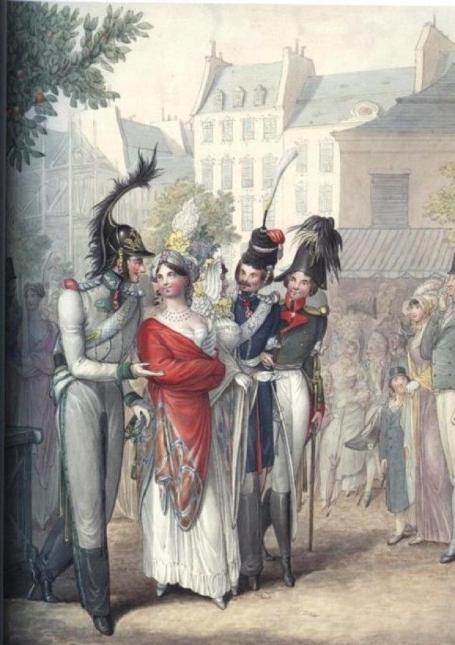 Сценка на улице Парижа: австрийский офицер, казак и русский офицер прогуливаются с двумя парижанками.